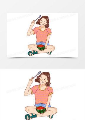 手绘夏日吃瓜女孩,手绘女孩悠闲吃瓜时光